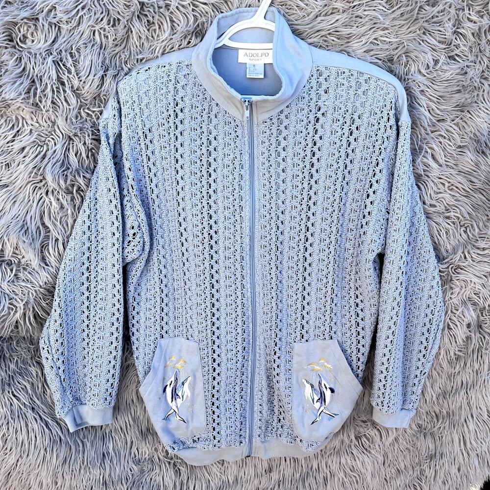 Vintage Adolfo Sport Zip Up Jacket See Thru Crochet Dolphin Embroidery Womens M